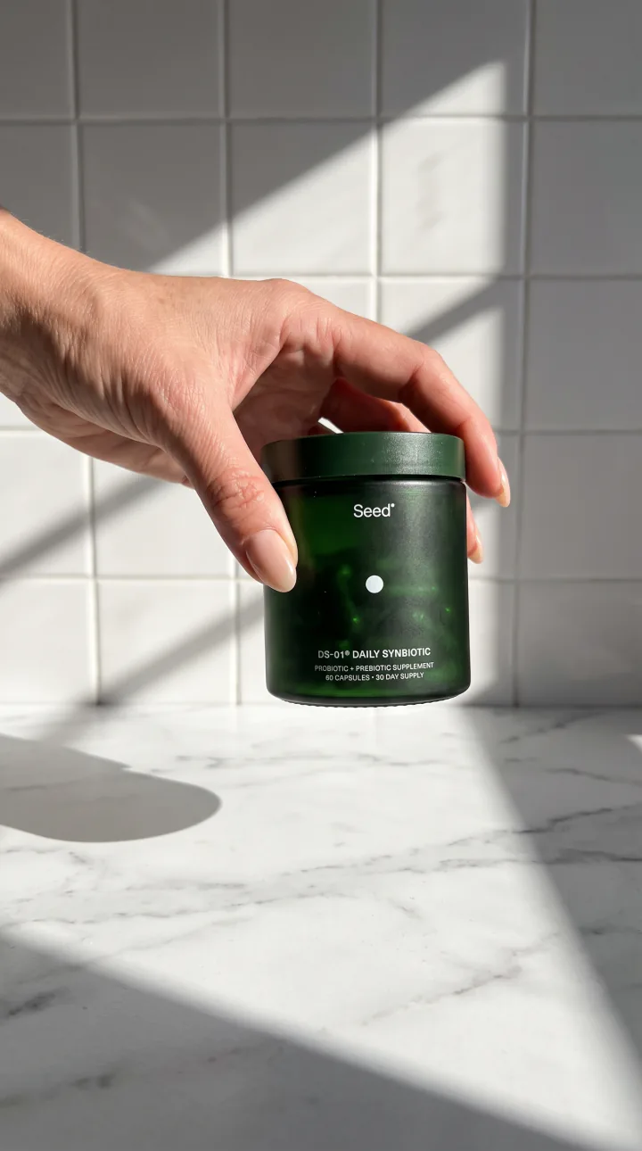 Editorial AI UGC ad still: Marble counter hard light. Hard sun and a crisp cast shadow.