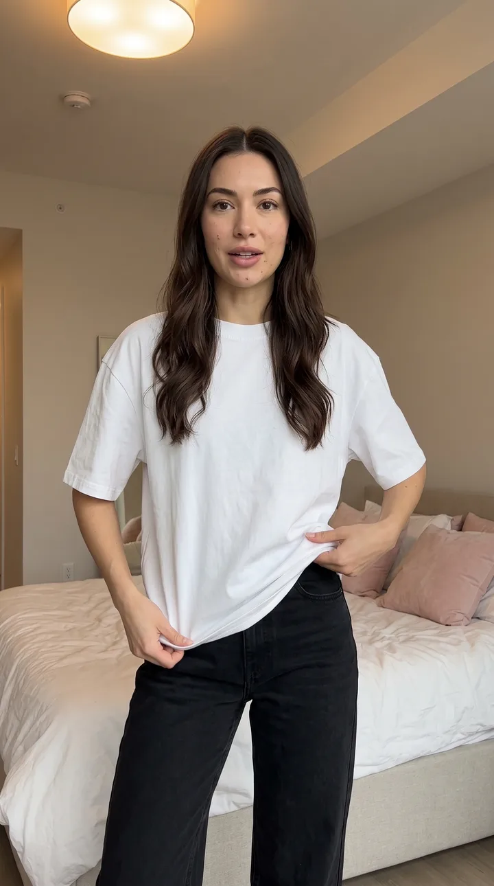 Fashion AI UGC ad still: Bedroom fit check. Hem pinched, silhouette turned to camera.