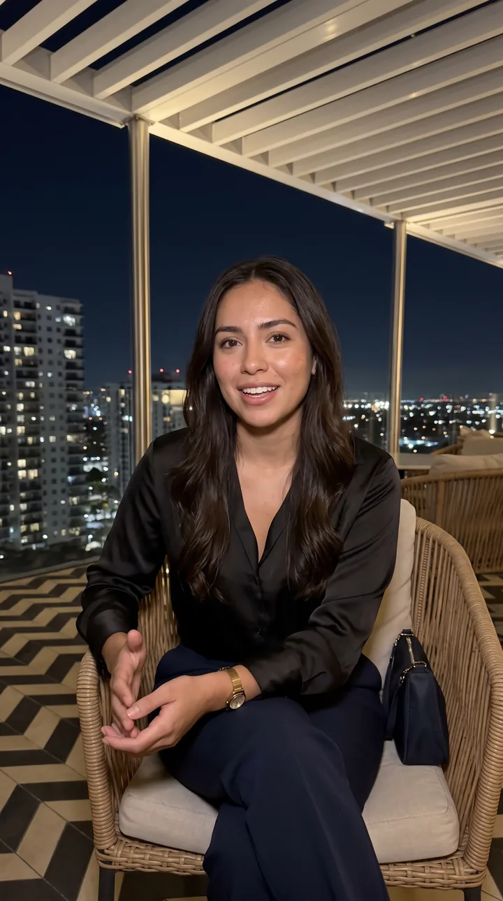 Lifestyle AI UGC ad still: Rooftop night talk. City lights behind, straight to camera.